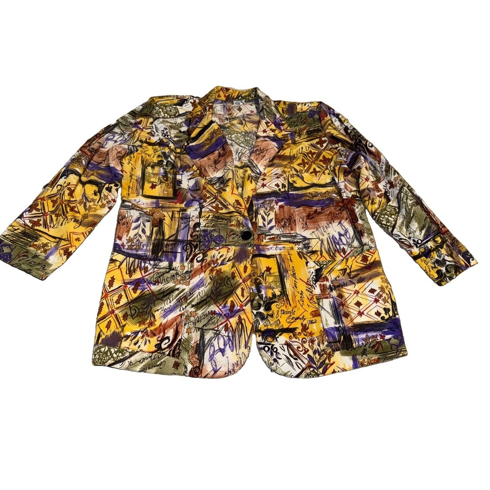 Arielle VTG 80'S JACKET BLAZER ART YELLOW MULTI NOVELTY PRINT SZ Large WOMENS